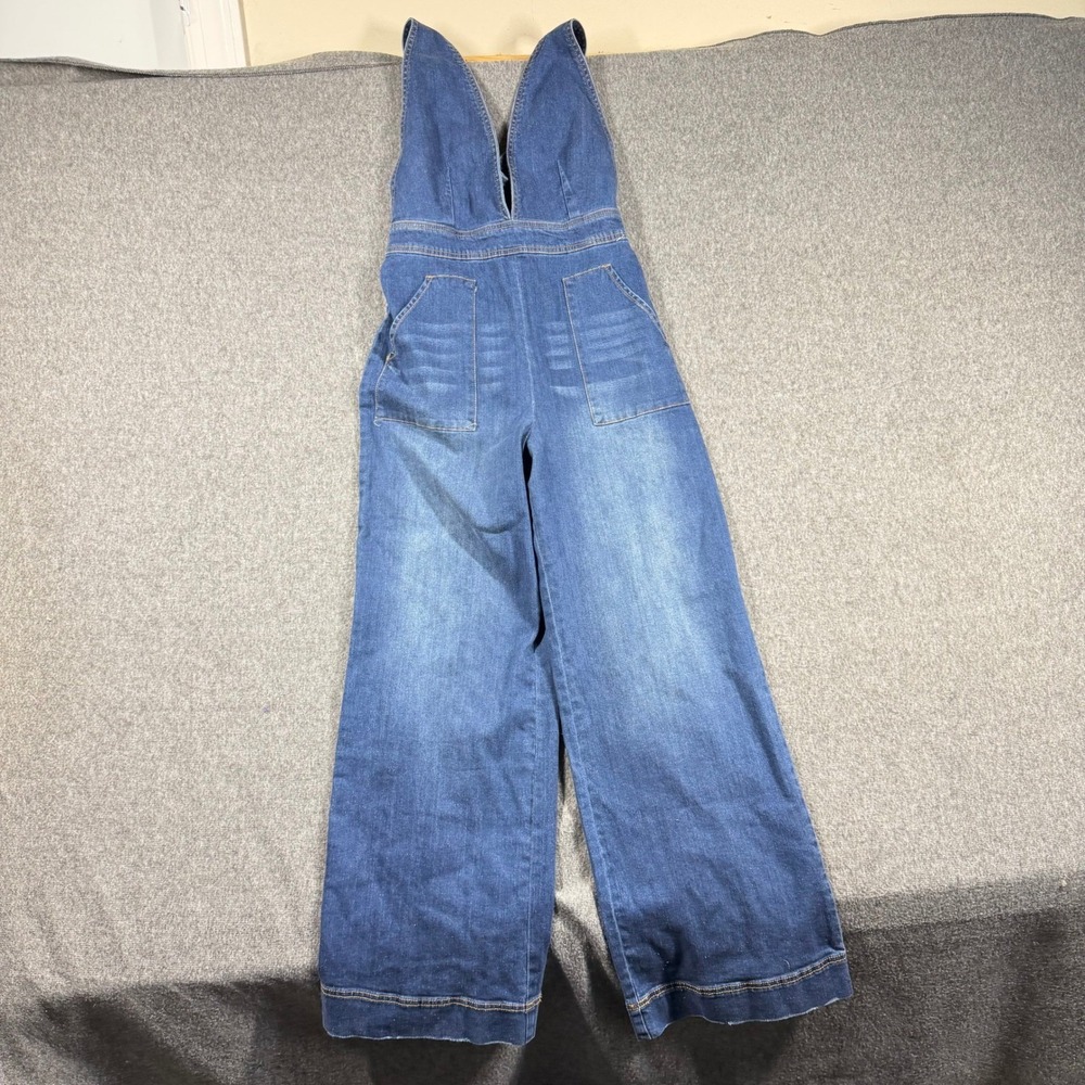 NWT Dollhouse Womens Denim Jumpsuit Size 11 Wide Leg Deep V-Neck Blue Stretch